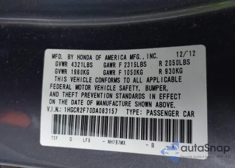 2013 Honda Accord Ex z USA, uszkodzony, nr VIN 1HGCR2F70DA083157